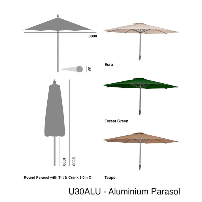 Alexander Rose Garden Furniture Accessories Alexander Rose Aluminium Round Parasol with Tilt and Crank 3.0m Diameter in Ecru, Forest Green or Taupe
