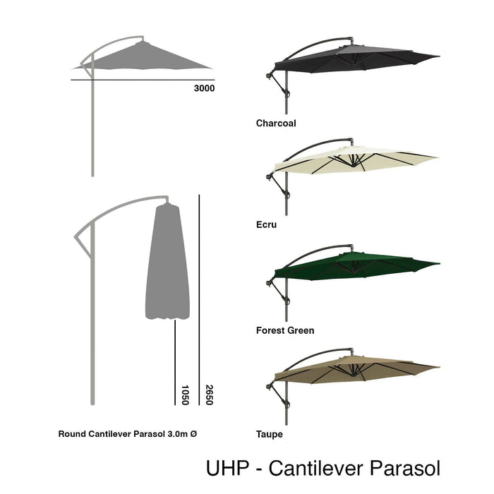 Alexander Rose Garden Furniture Accessories Alexander Rose Round Aluminium Cantilever Parasol 3m Diameter, Taupe, Ecru, Forest Green, Charcoal