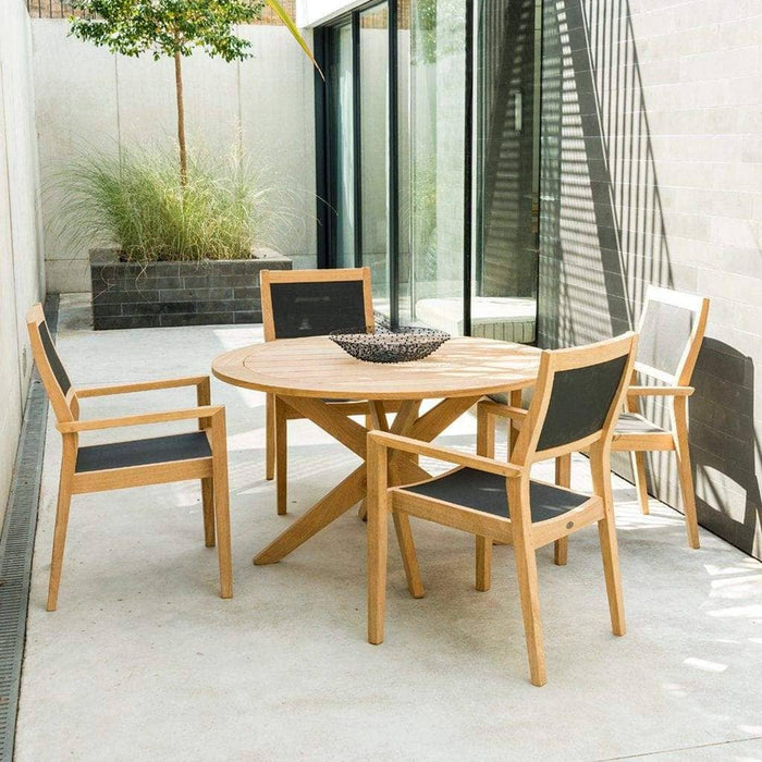 Alexander Rose Garden Furniture Alexander Rose Roble Cross Base Wooden Garden Table with Stacking Sling Armchairs