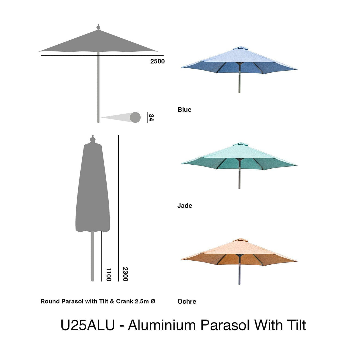 Alexander Rose Garden Furniture Accessories Alexander Rose Aluminium Round Tilting Parasol with Crank 2.5m Diameter - Blue, Jade, Ochre