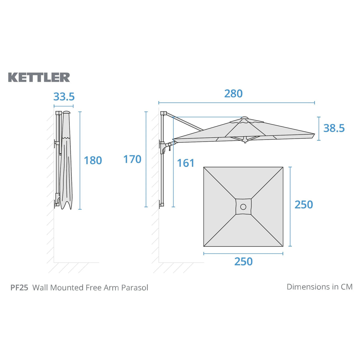 Kettler Garden Furniture Accessories Kettler 2.5m Wall Mounted Free Arm Parasol